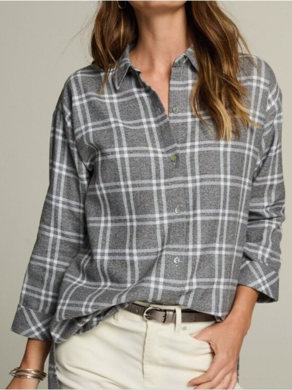 J. Jill Gray & White Cozy Plaid Tunic Button Front Shirt Women's Size Medium NWT